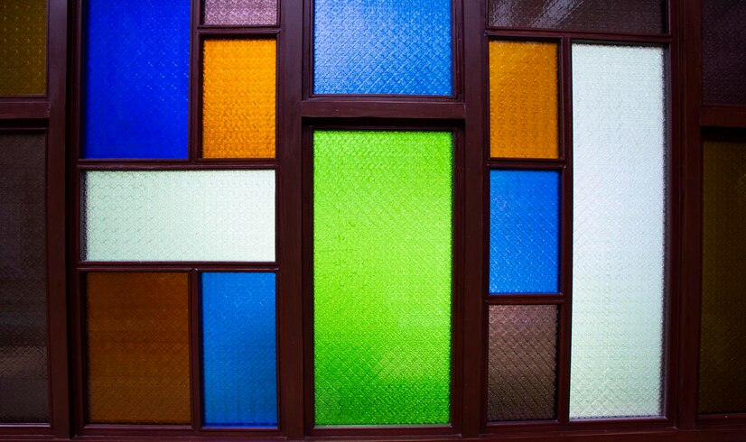 interior design decorate wooden window wood door with colorful stained glass background architecture building wat sangkhatan temple bang phai nonthaburi thailand 258052 9266